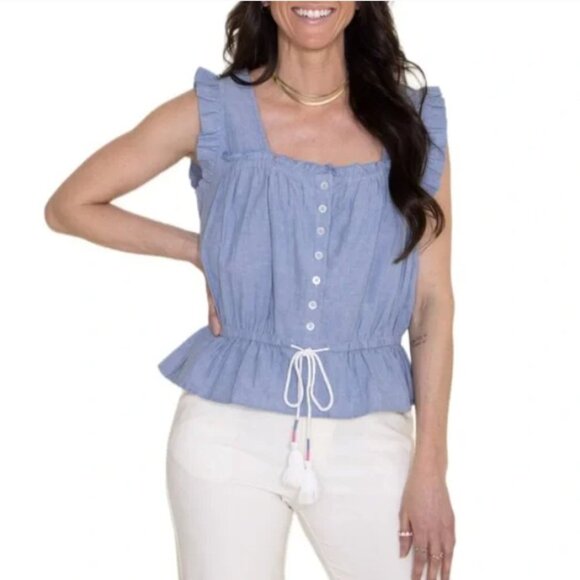 Simply Southern Tops - Simply Southern Top X-Large Blue Smocked‎ Ruffle Chambray Blouse 100% Cotton